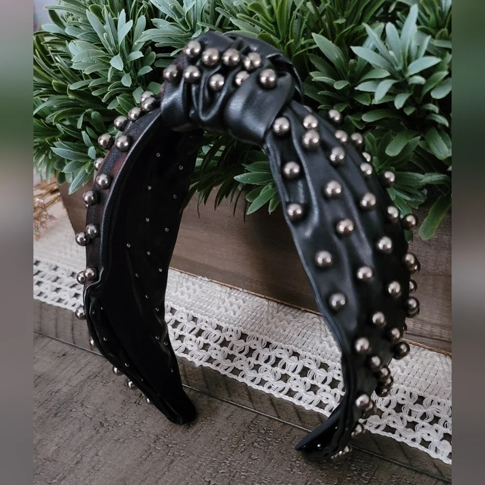 Gunmetal Faux Leather Polyurethane Beaded Top Knot Headband in Black